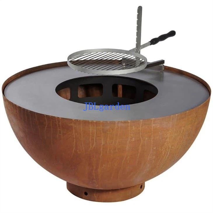 Corten Steel Round Garden Fire Pit With Grill